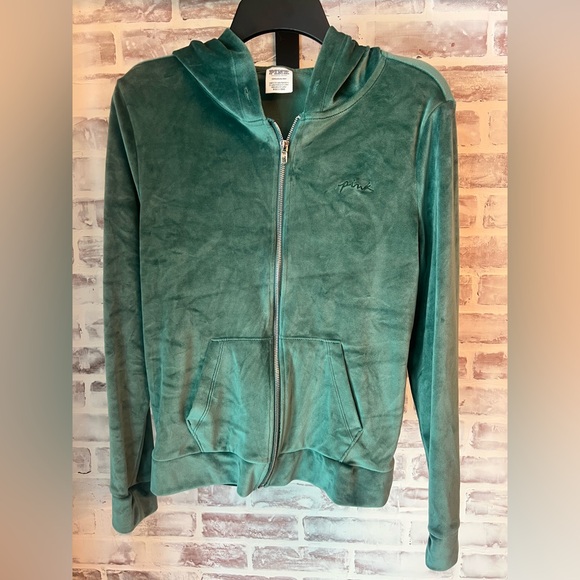 PINK Victoria's Secret Tops - PINK Victoria's Secret Green Velour Hoodie